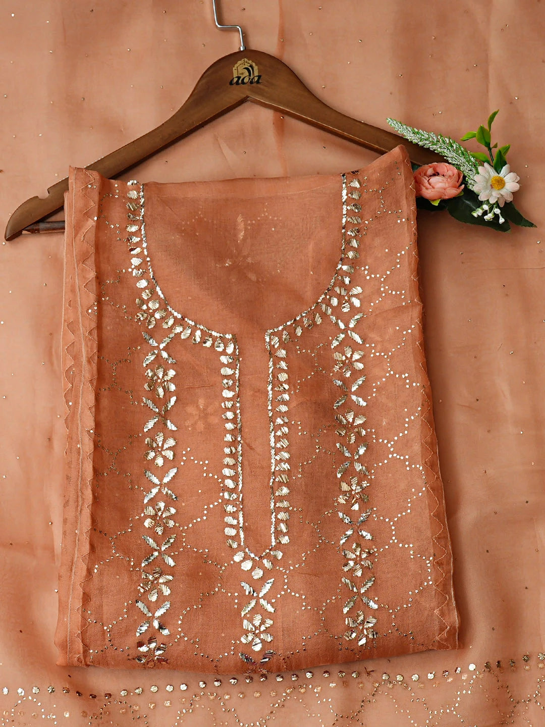 Ada Hand Embroidered Peach Organza Semi-Stitched Kurta Dupatta Set With Mukaish/Muqaish Work 01A887238