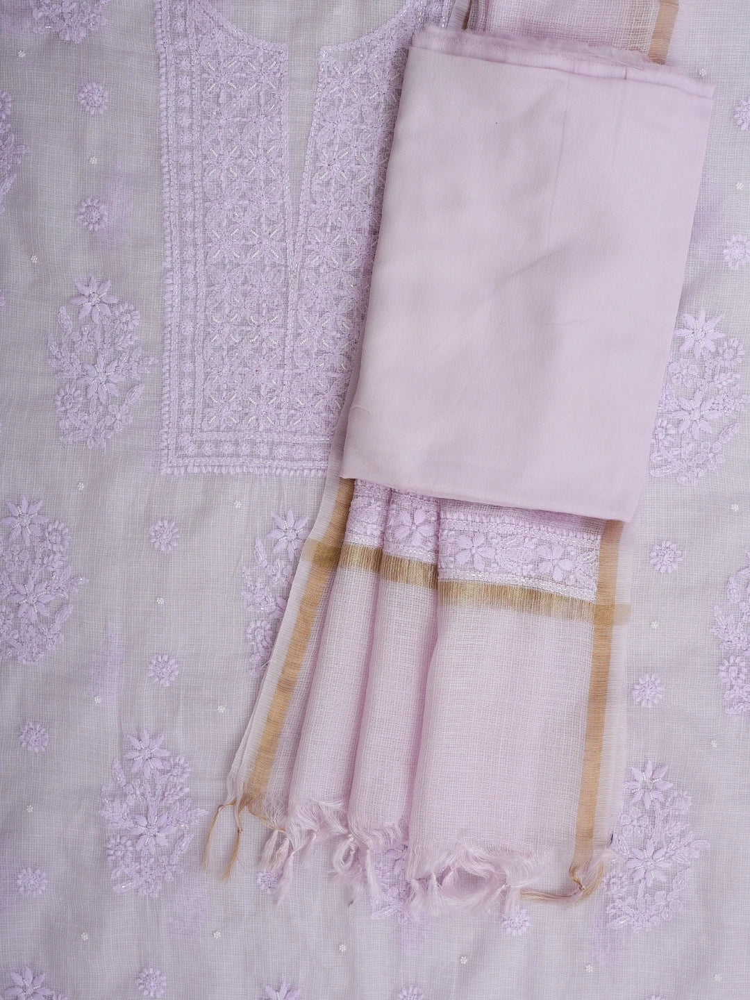 Ada Hand Embroidered Lavender Kota Lucknowi Chikankari Unstitched Suit Piece With Pearl Work 01A937568