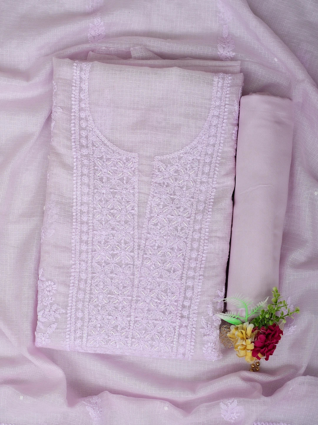 Ada Hand Embroidered Lavender Kota Lucknowi Chikankari Unstitched Suit Piece With Pearl Work 01A937568
