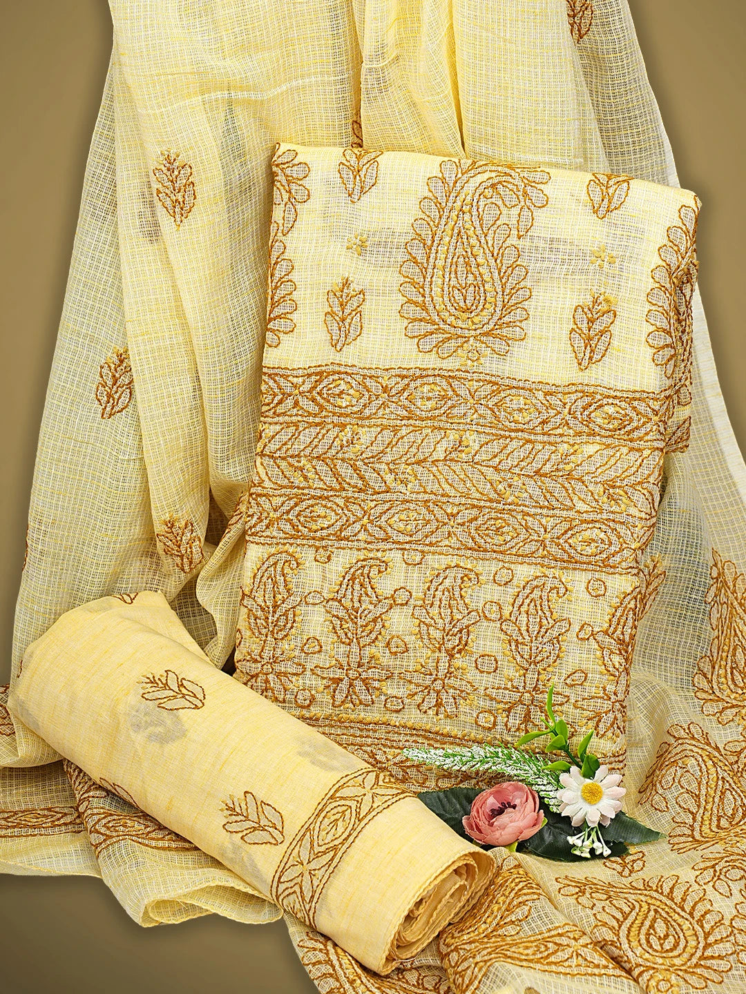 Ada Hand Embroidered Jasmine Yellow Kota Lucknowi Chikankari Unstitched Suit Piece 01A831726