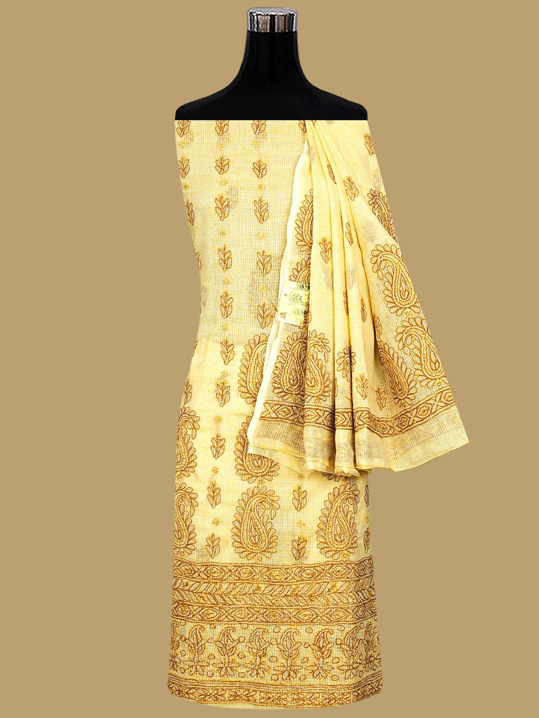 Ada Hand Embroidered Jasmine Yellow Kota Lucknowi Chikankari Unstitched Suit Piece 01A831726