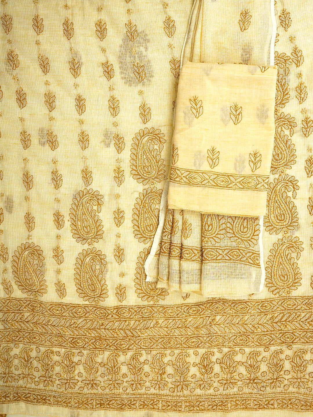 Ada Hand Embroidered Jasmine Yellow Kota Lucknowi Chikankari Unstitched Suit Piece 01A831726