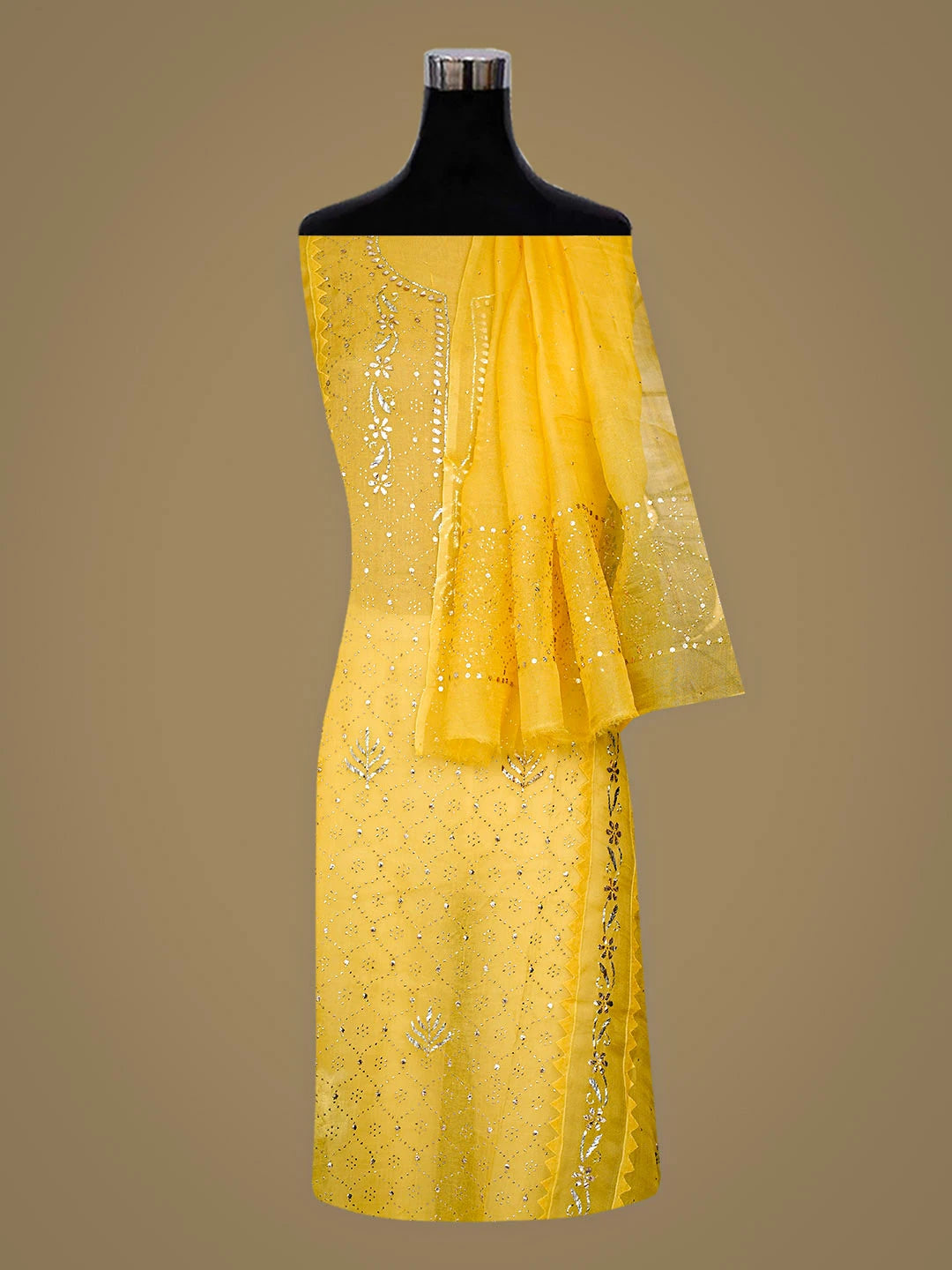 Ada Hand Embroidered Yellow Organza Semi-Stitched Anarkali Kurta Dupatta Set With Mukaish/Muqaish Work 01A887240