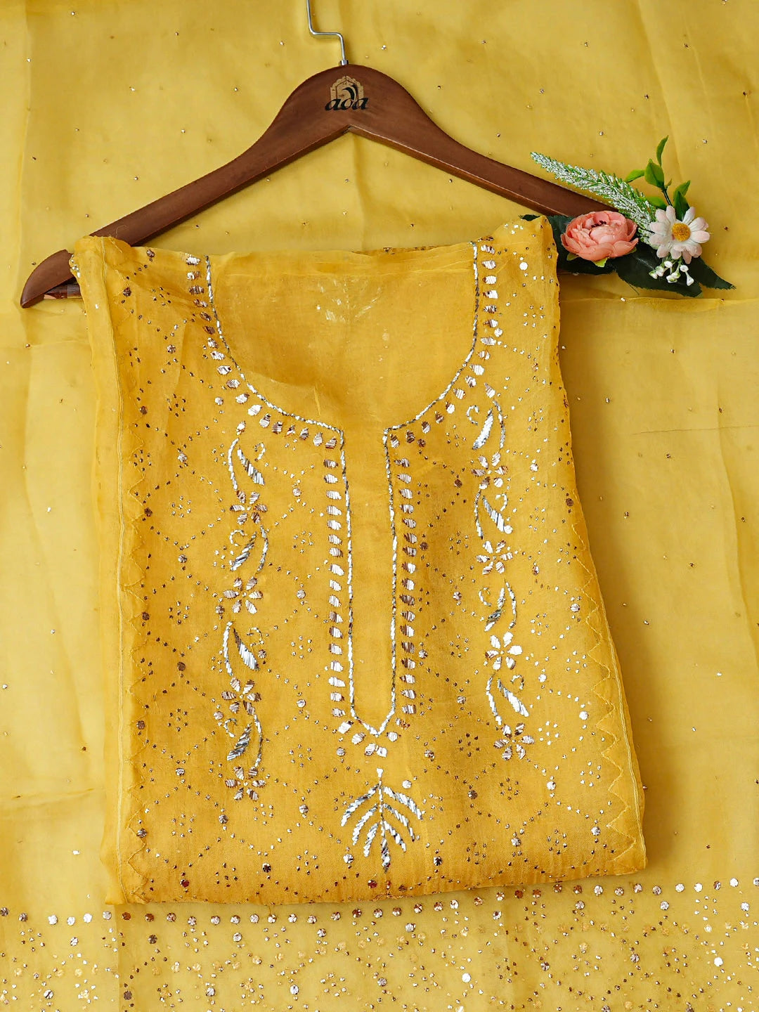 Ada Hand Embroidered Yellow Organza Semi-Stitched Anarkali Kurta Dupatta Set With Mukaish/Muqaish Work 01A887240