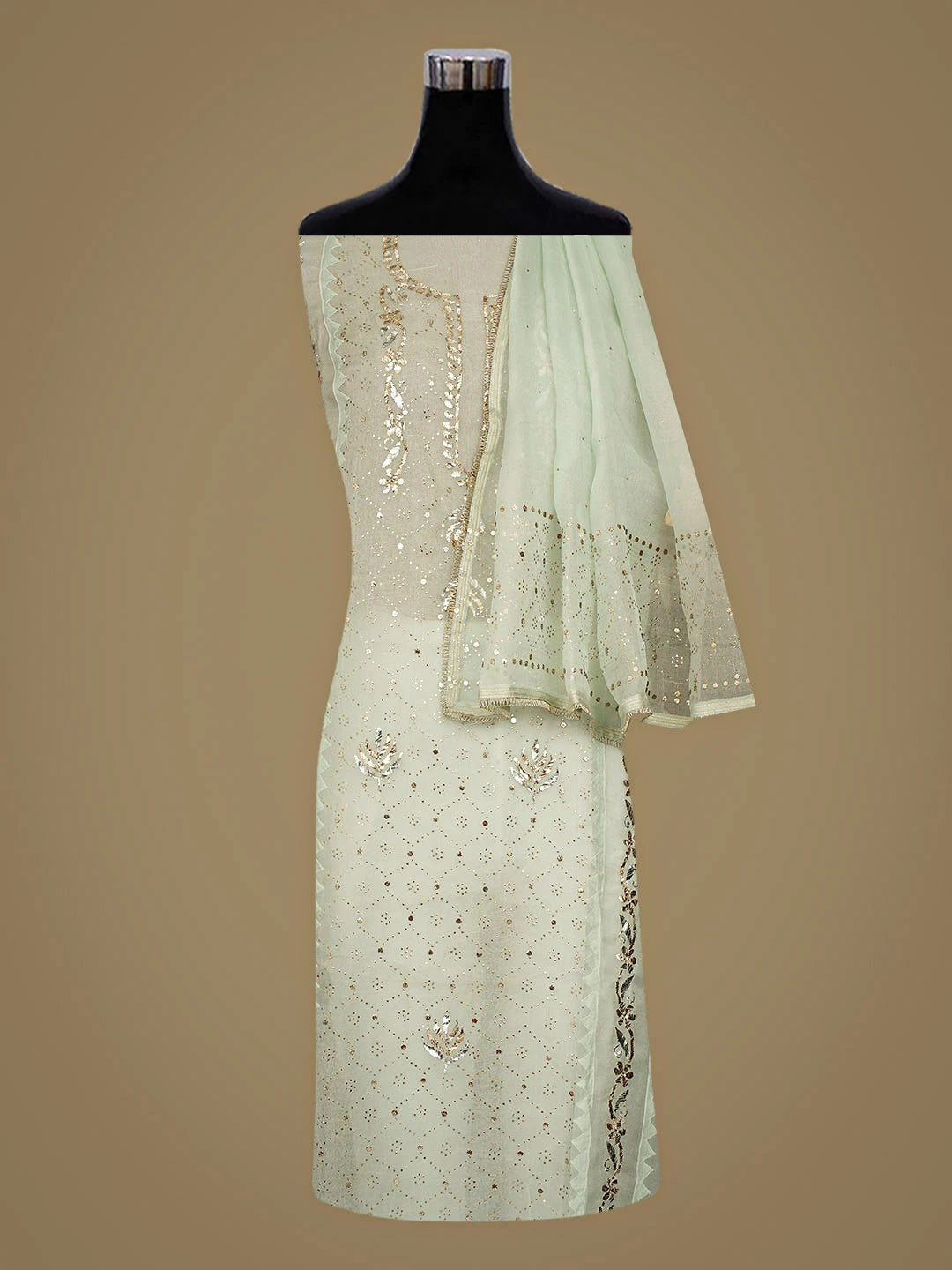 Ada Hand Embroidered Light Green Organza Semi-Stitched Kurta Dupatta Set With Mukaish/Muqaish Work 01A887249