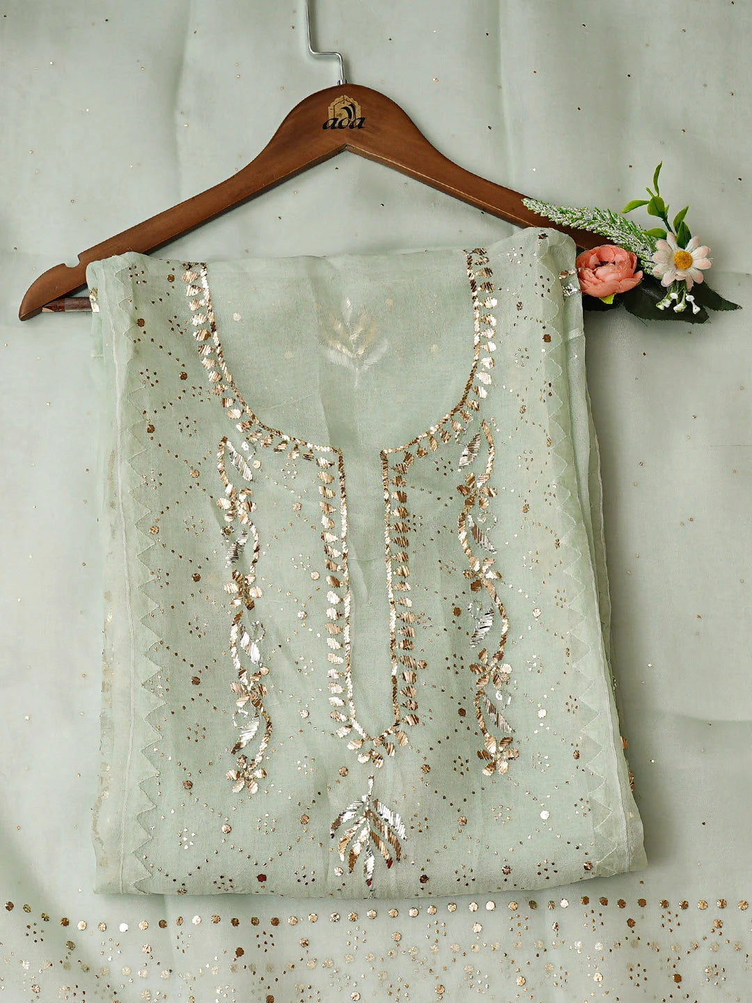 Ada Hand Embroidered Light Green Organza Semi-Stitched Kurta Dupatta Set With Mukaish/Muqaish Work 01A887249