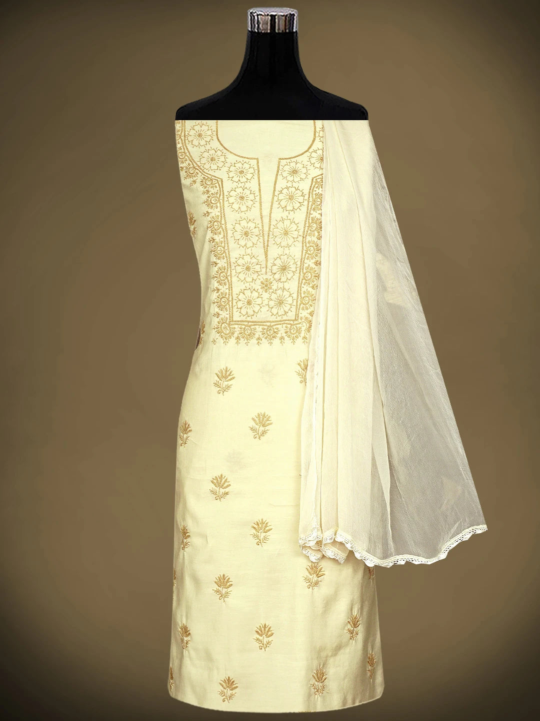 Ada Hand Embroidered Wheat Brown Chanderi Silk  Lucknowi Chikankari Unstitched Suit Piece 01A935624