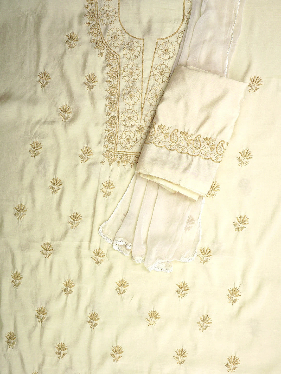 Ada Hand Embroidered Wheat Brown Chanderi Silk  Lucknowi Chikankari Unstitched Suit Piece 01A935624