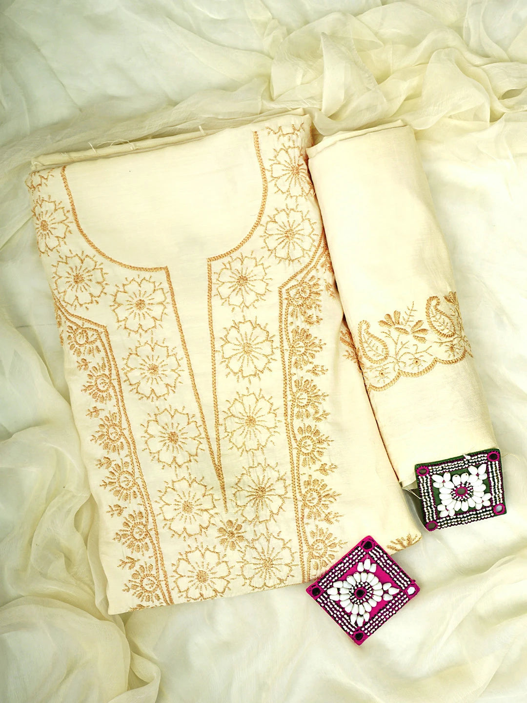 Ada Hand Embroidered Wheat Brown Chanderi Silk  Lucknowi Chikankari Unstitched Suit Piece 01A935624
