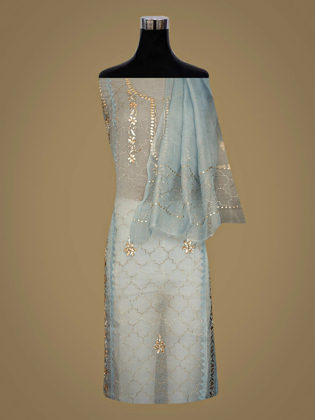 Ada Hand Embroidered Blue Organza Semi-Stitched Kurta Dupatta Set With Mukaish/Muqaish Work 01A887250