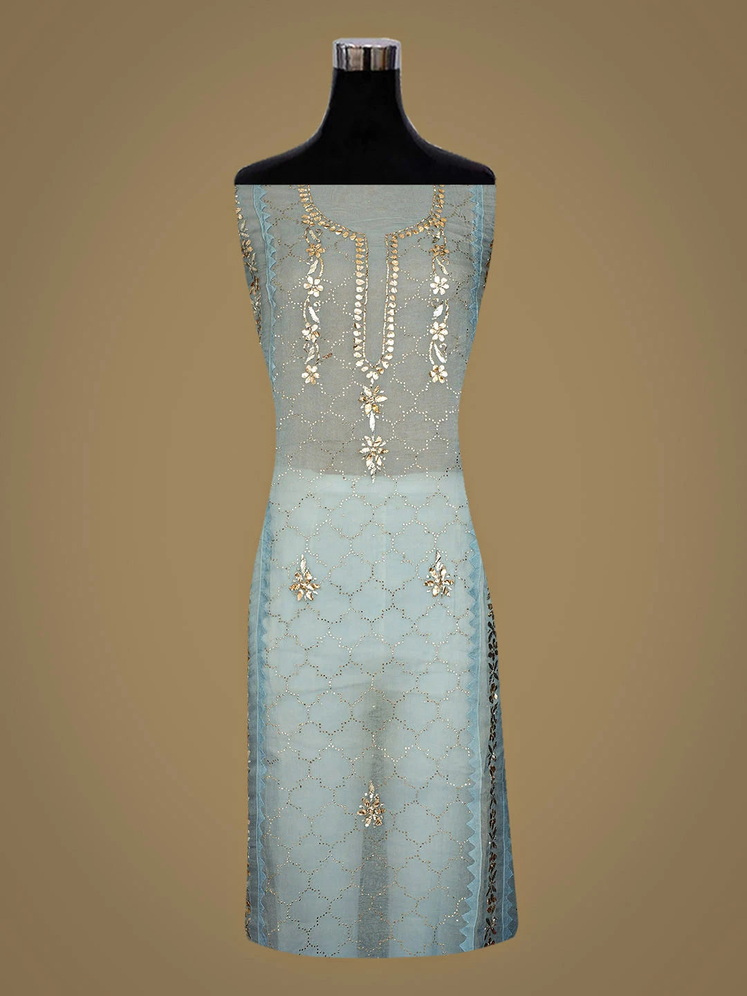 Ada Hand Embroidered Blue Organza Semi-Stitched Kurta Dupatta Set With Mukaish/Muqaish Work 01A887250