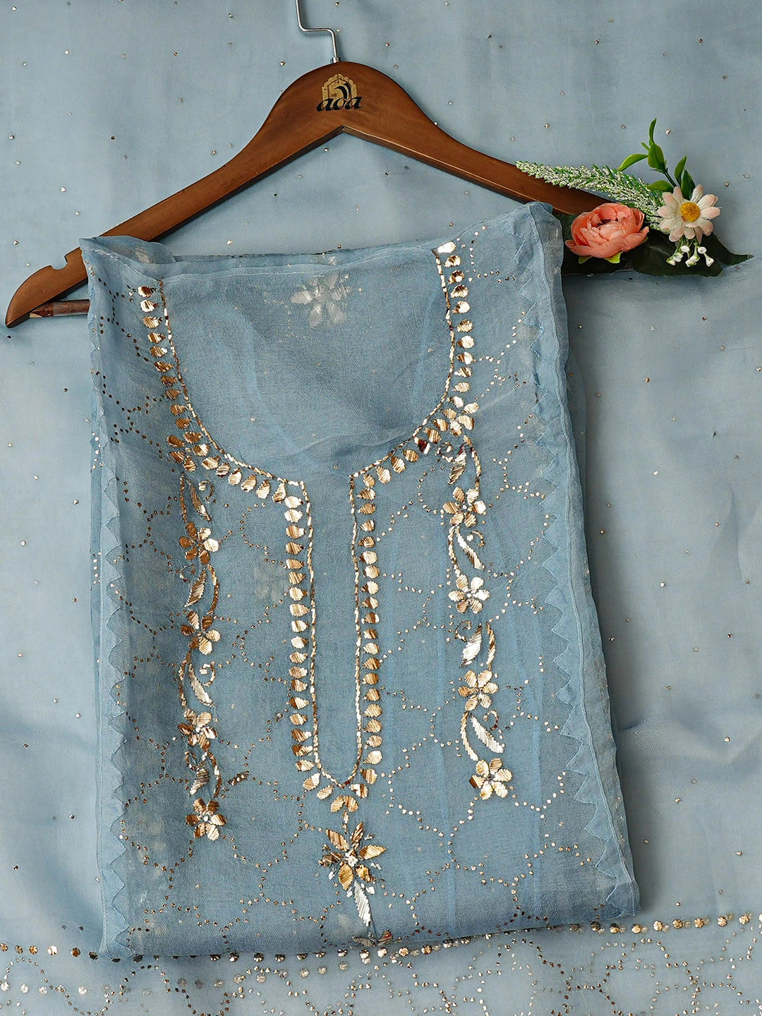 Ada Hand Embroidered Blue Organza Semi-Stitched Kurta Dupatta Set With Mukaish/Muqaish Work 01A887250