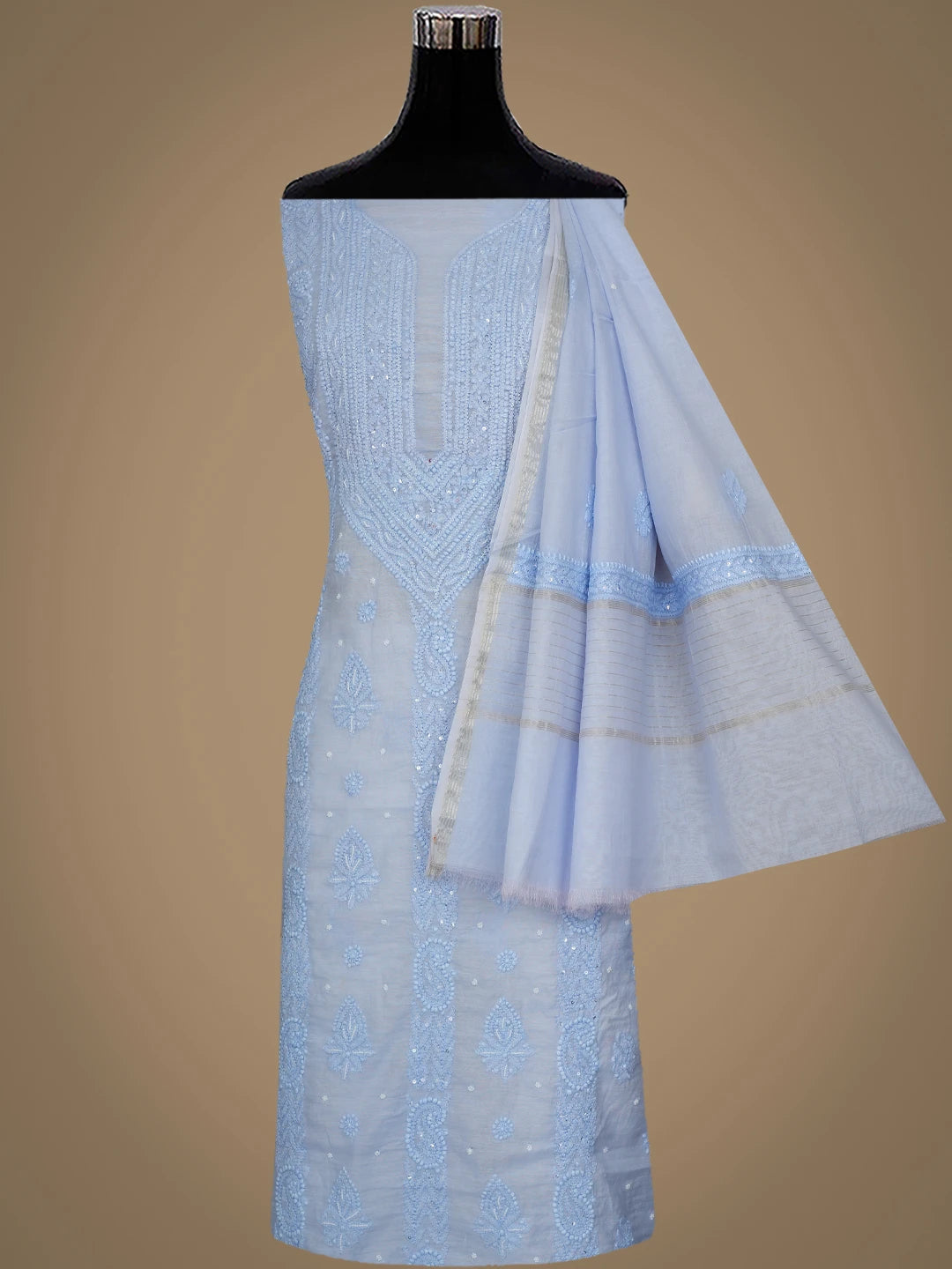 Ada Hand Embroidered Dark Pastel Blue Chanderi Lucknowi Chikankari Unstitched Suit Piece With Pearl Work 01A937511