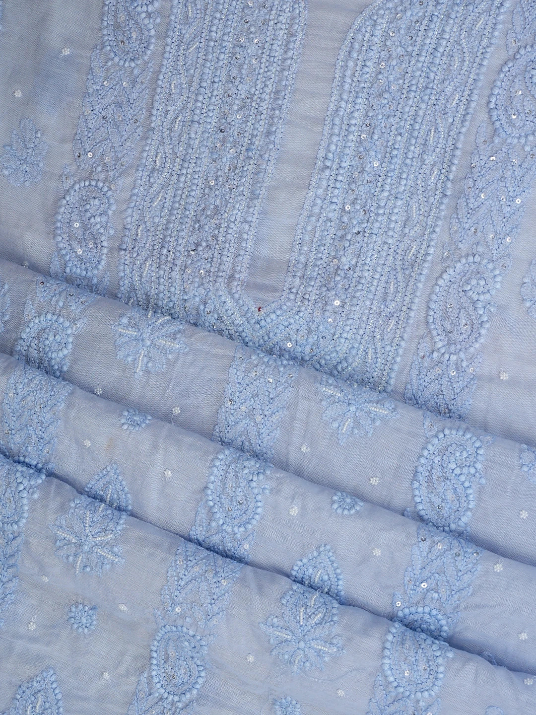 Ada Hand Embroidered Dark Pastel Blue Chanderi Lucknowi Chikankari Unstitched Suit Piece With Pearl Work 01A937511