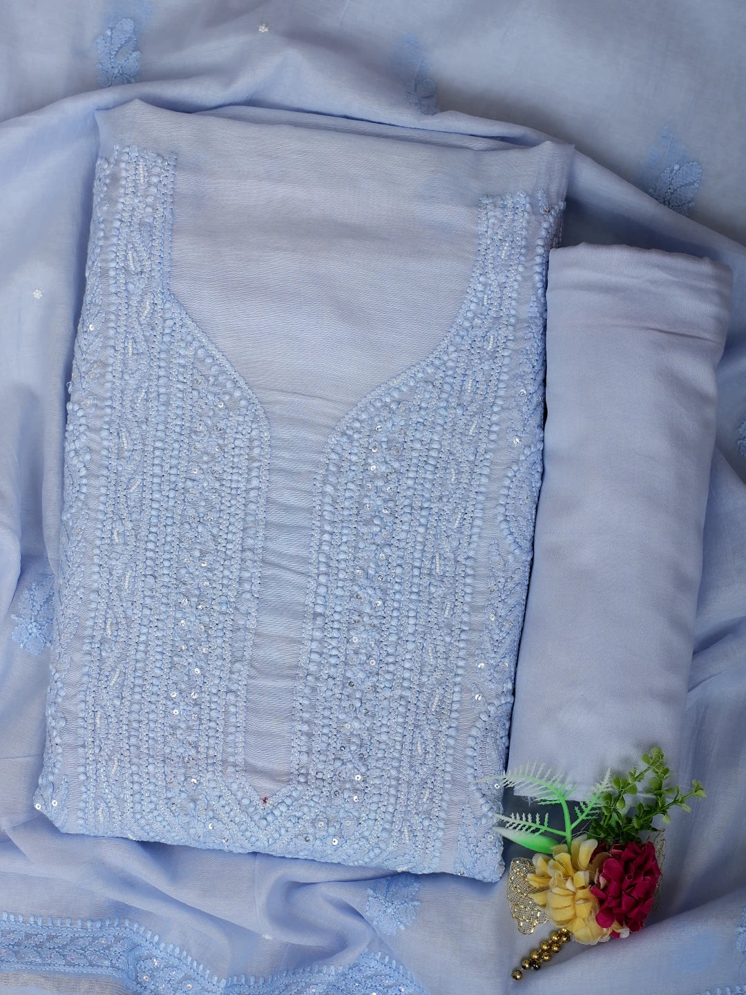 Ada Hand Embroidered Dark Pastel Blue Chanderi Lucknowi Chikankari Unstitched Suit Piece With Pearl Work 01A937511
