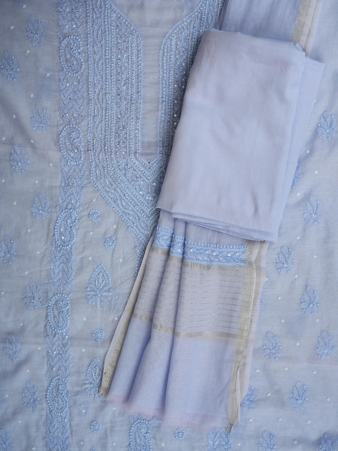 Ada Hand Embroidered Dark Pastel Blue Chanderi Lucknowi Chikankari Unstitched Suit Piece With Pearl Work 01A937511