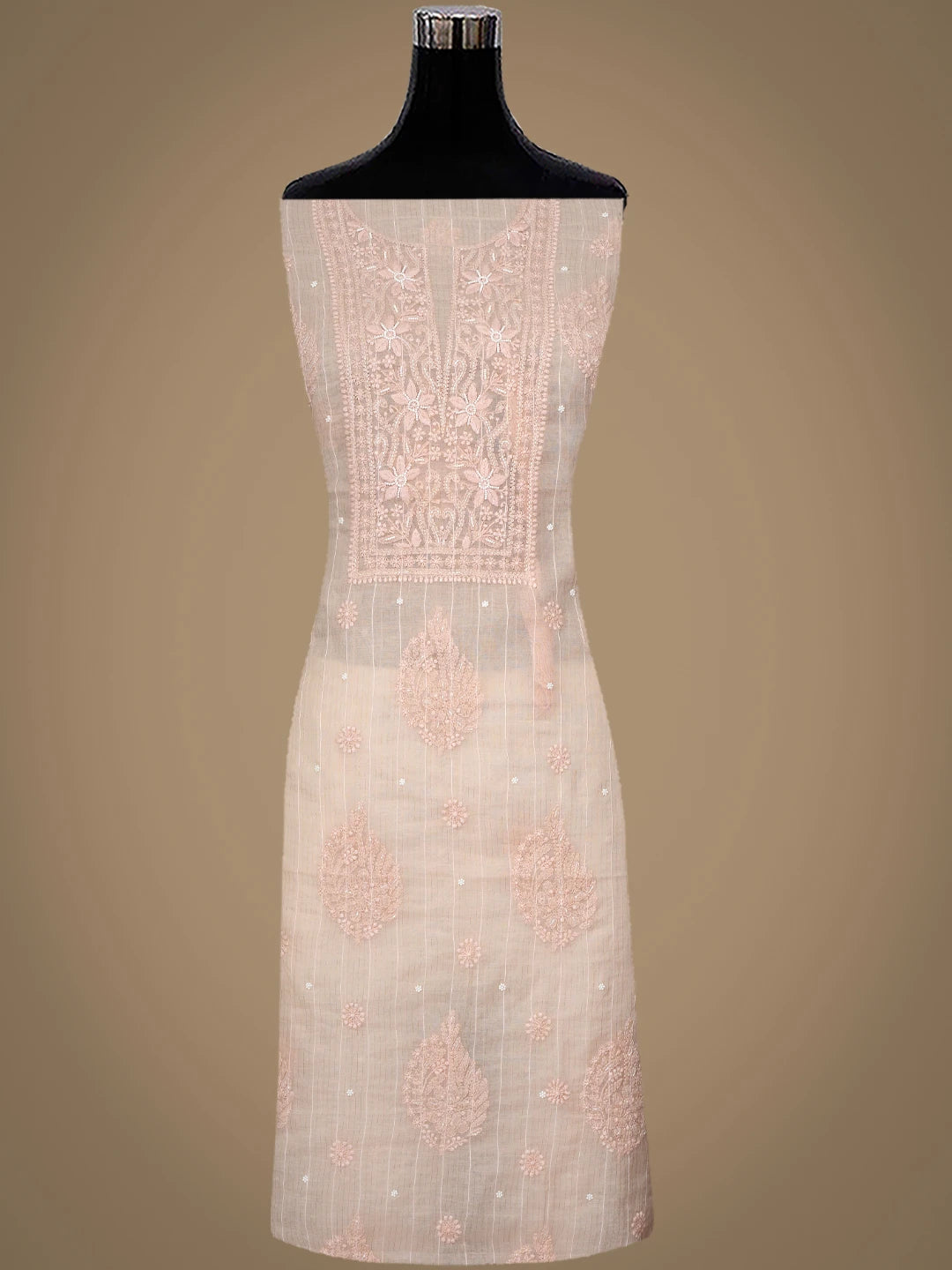 Ada Hand Embroidered Peach Chanderi Lucknowi Chikankari Unstitched Suit Piece With Pearl Work 01A938020