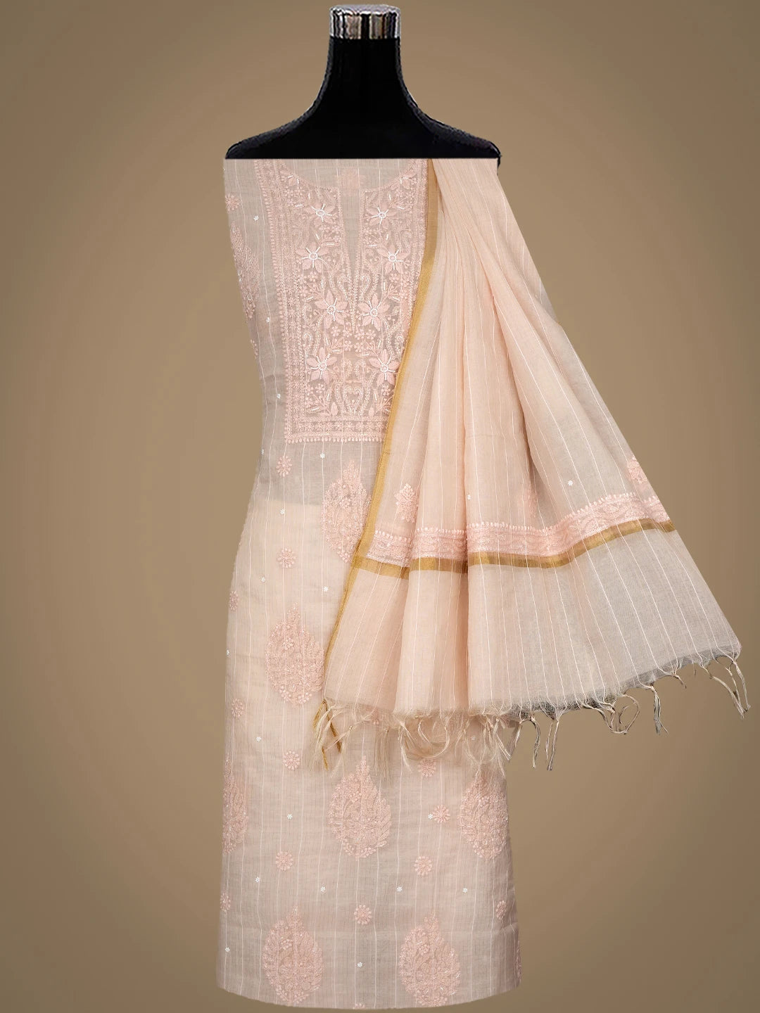 Ada Hand Embroidered Peach Chanderi Lucknowi Chikankari Unstitched Suit Piece With Pearl Work 01A938020