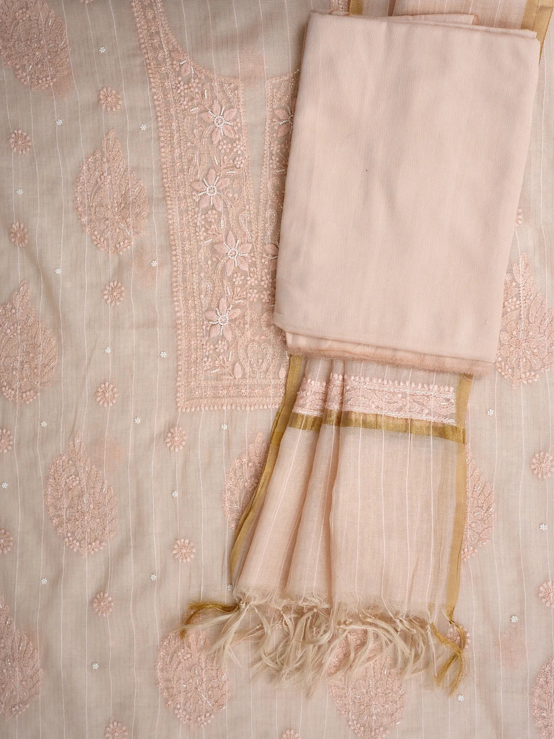 Ada Hand Embroidered Peach Chanderi Lucknowi Chikankari Unstitched Suit Piece With Pearl Work 01A938020