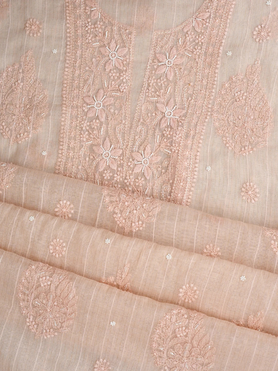 Ada Hand Embroidered Peach Chanderi Lucknowi Chikankari Unstitched Suit Piece With Pearl Work 01A938020