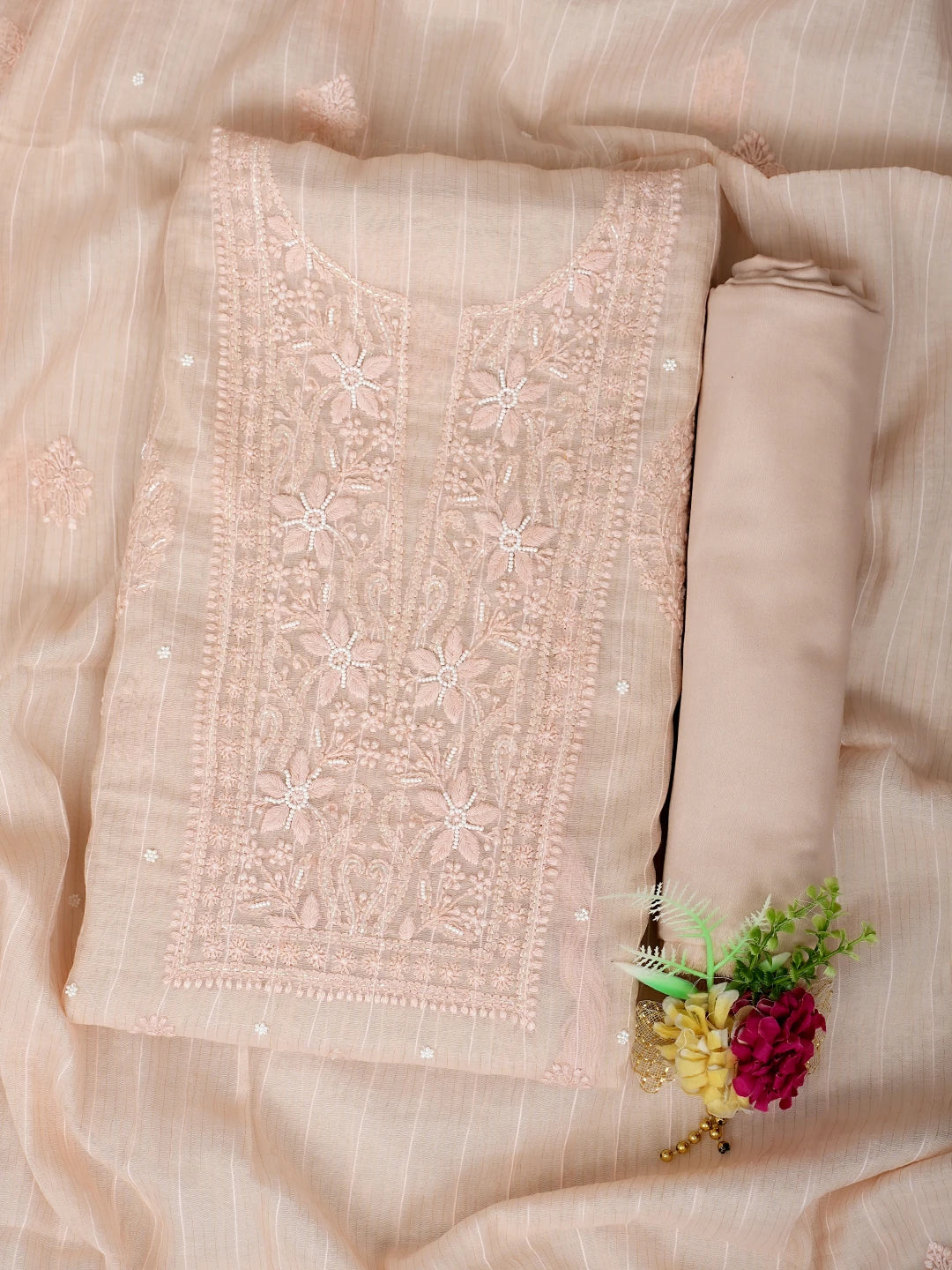 Ada Hand Embroidered Peach Chanderi Lucknowi Chikankari Unstitched Suit Piece With Pearl Work 01A938020