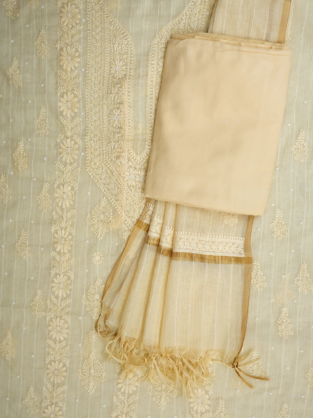 Ada Hand Embroidered Beige Chanderi Lucknowi Chikankari Unstitched Suit Piece With Pearl Work 01A938015