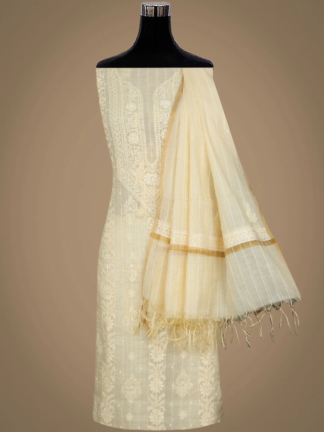 Ada Hand Embroidered Beige Chanderi Lucknowi Chikankari Unstitched Suit Piece With Pearl Work 01A938015