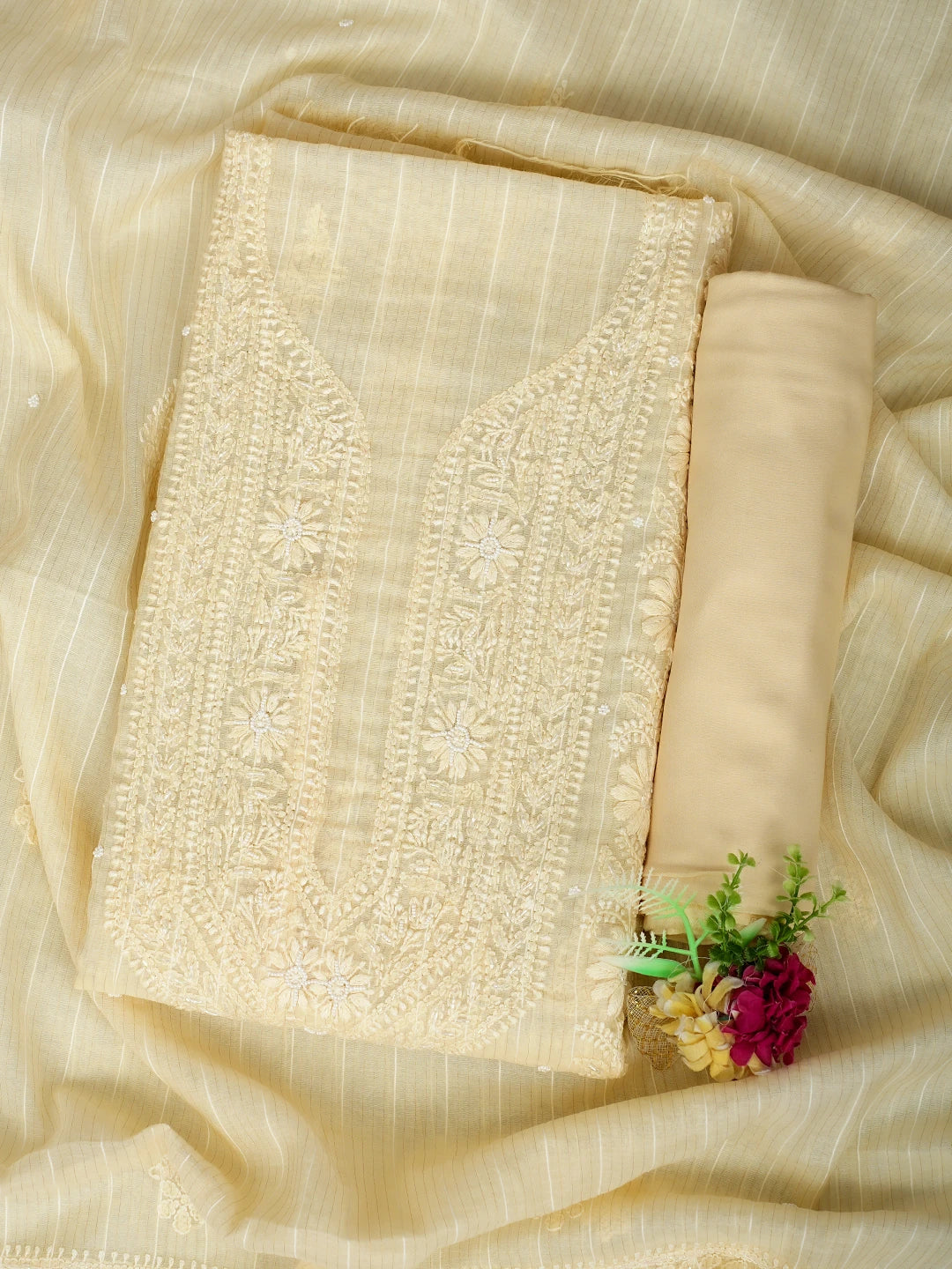 Ada Hand Embroidered Beige Chanderi Lucknowi Chikankari Unstitched Suit Piece With Pearl Work 01A938015