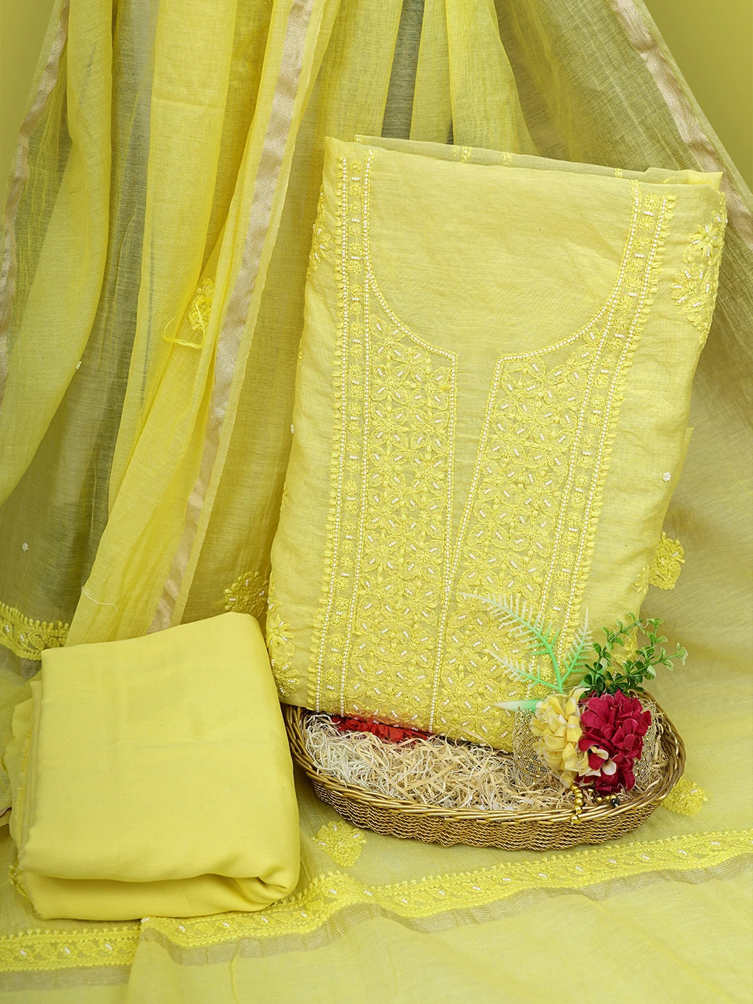 Ada Hand Embroidered Mustard Yellow Chanderi Lucknowi Chikankari Unstitched Suit Piece With Pearl Work 01A937470