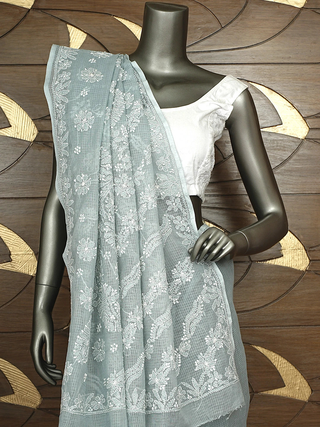 Ada Hand Embroidered Grey Kota Lucknowi Chikankari Saree and Blouse 01A922129