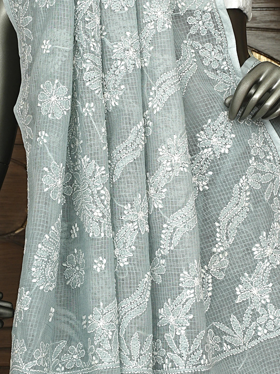 Ada Hand Embroidered Grey Kota Lucknowi Chikankari Saree and Blouse 01A922129