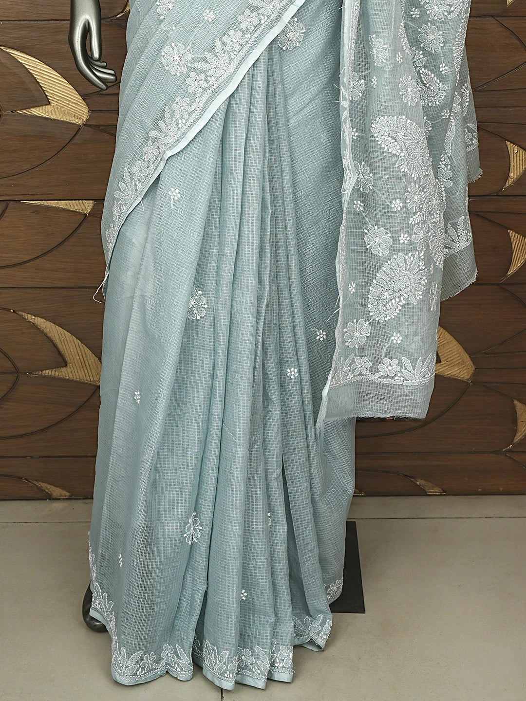 Ada Hand Embroidered Grey Kota Lucknowi Chikankari Saree and Blouse 01A922129