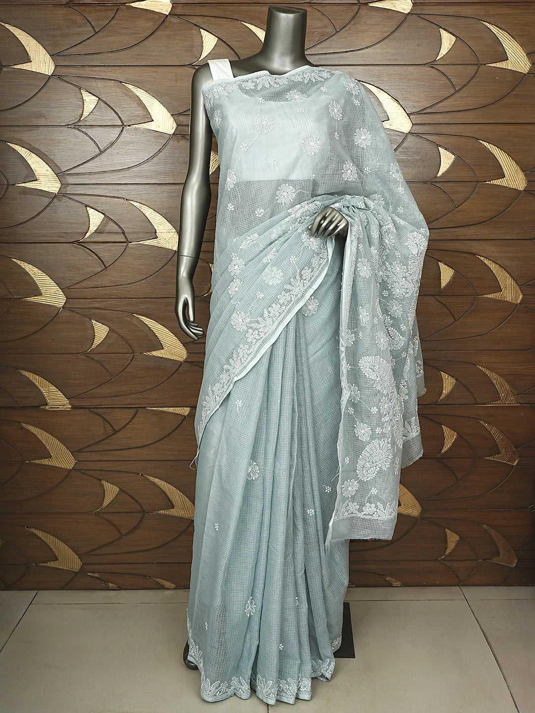 Ada Hand Embroidered Grey Kota Lucknowi Chikankari Saree and Blouse 01A922129