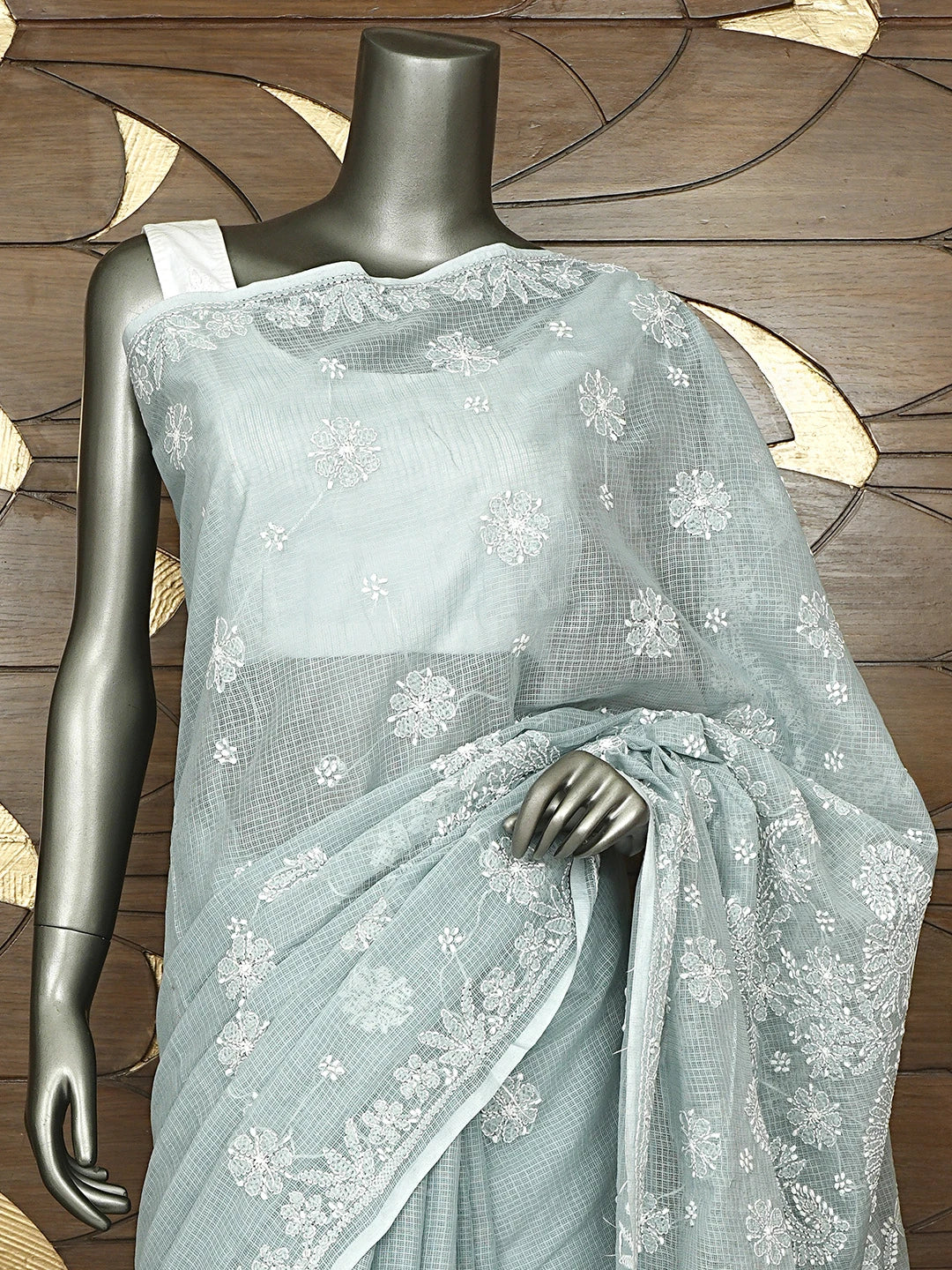 Ada Hand Embroidered Grey Kota Lucknowi Chikankari Saree and Blouse 01A922129