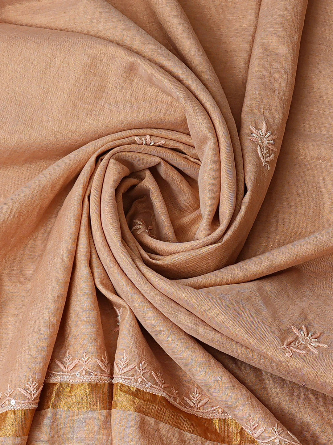Ada Hand Embroidered Peach Tissue Lucknowi Chikankari Unstitched Kurta Dupatta Set With Cutdana Work 01A779543