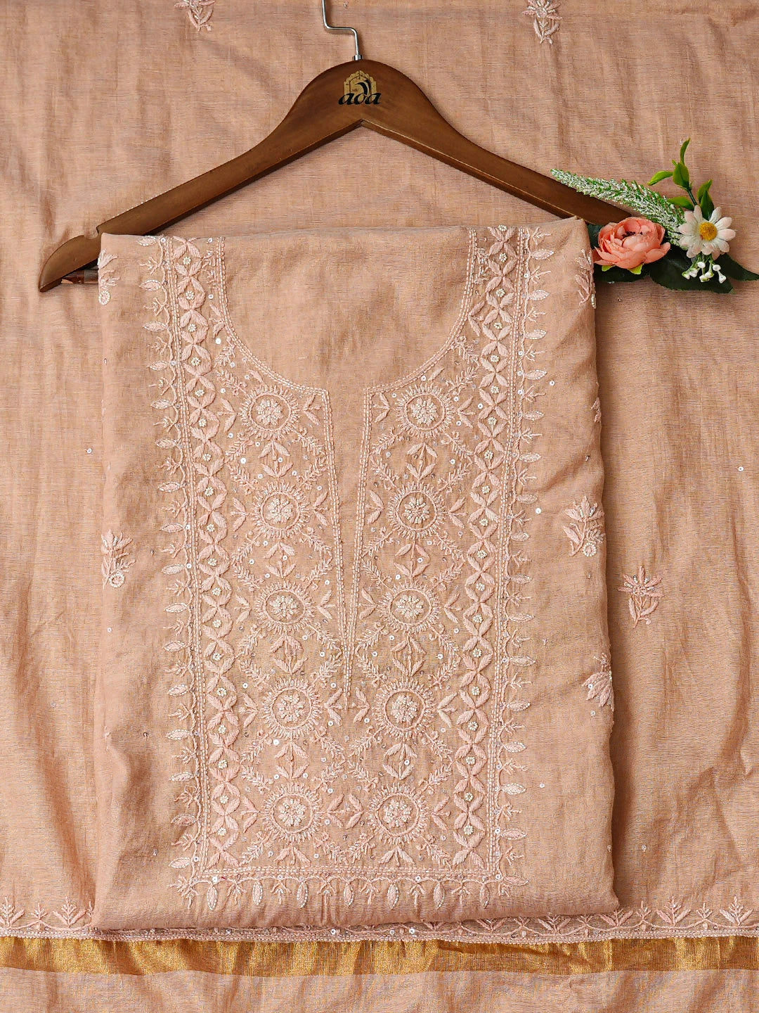 Ada Hand Embroidered Peach Tissue Lucknowi Chikankari Unstitched Kurta Dupatta Set With Cutdana Work 01A779543