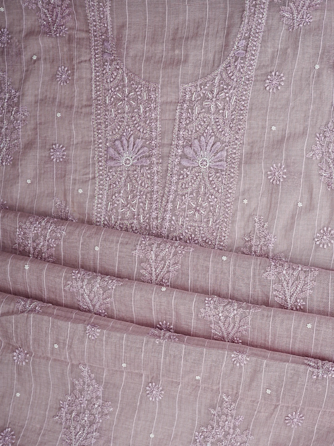 Ada Hand Embroidered Dusty Mauve Chanderi Lucknowi Chikankari Unstitched Suit Piece With Pearl Work 01A938032