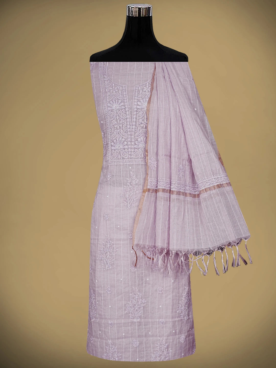 Ada Hand Embroidered Dusty Mauve Chanderi Lucknowi Chikankari Unstitched Suit Piece With Pearl Work 01A938032