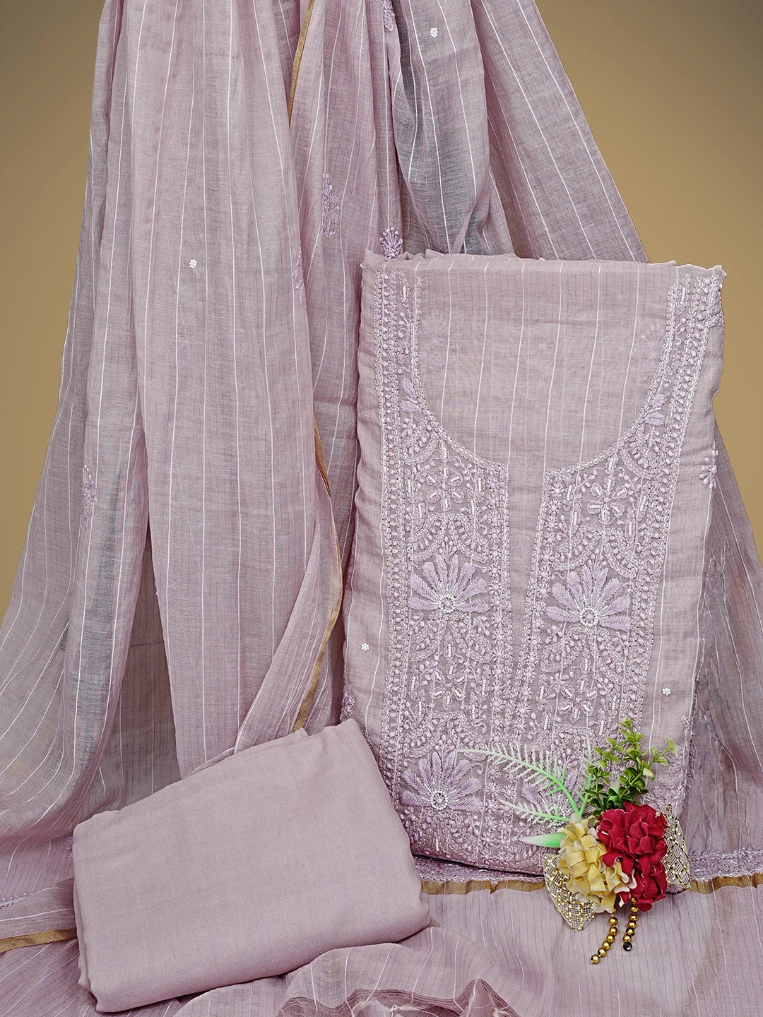 Ada Hand Embroidered Dusty Mauve Chanderi Lucknowi Chikankari Unstitched Suit Piece With Pearl Work 01A938032