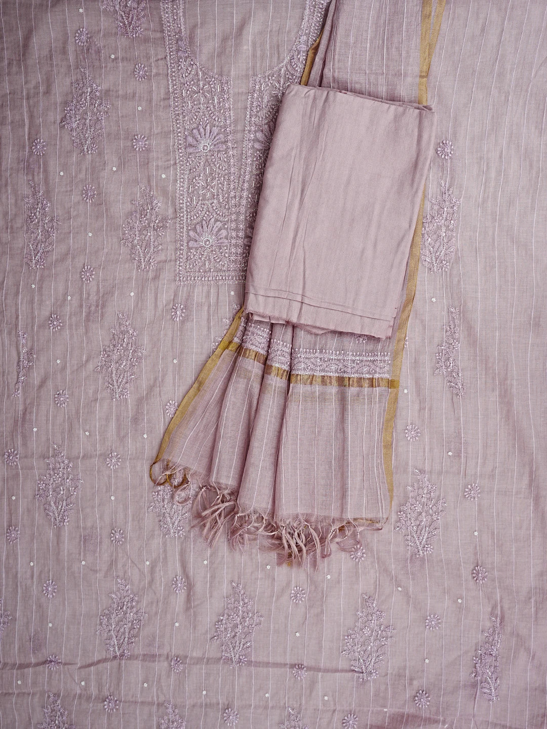 Ada Hand Embroidered Dusty Mauve Chanderi Lucknowi Chikankari Unstitched Suit Piece With Pearl Work 01A938032