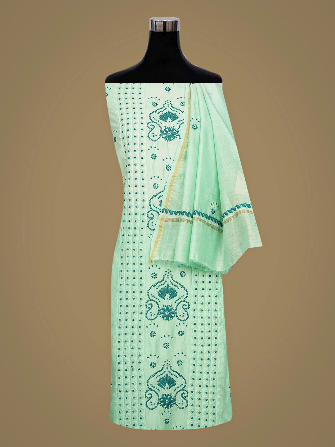 Ada Hand Embroidered Celadon Chanderi Lucknowi Chikankari Unstitched Kurta Dupatta Set 01A904797