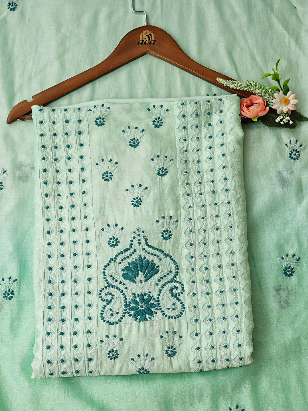 Ada Hand Embroidered Celadon Chanderi Lucknowi Chikankari Unstitched Kurta Dupatta Set 01A904797