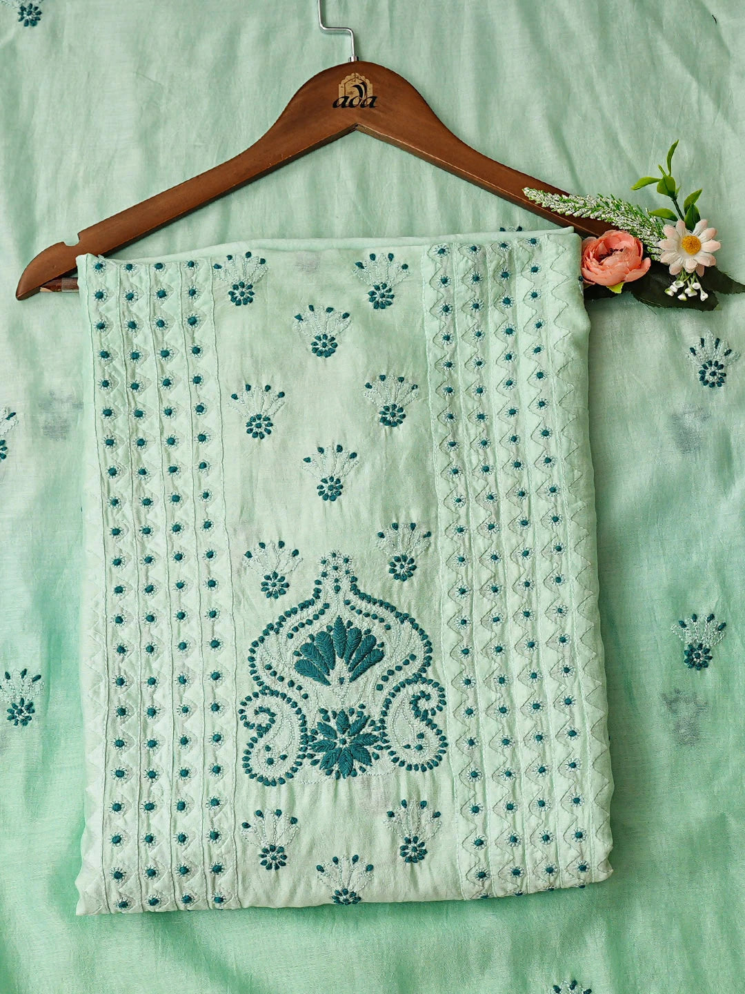 Ada Hand Embroidered Celadon Chanderi Lucknowi Chikankari Unstitched Kurta Dupatta Set 01A904797