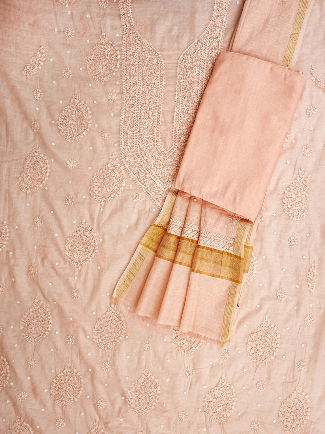 Ada Hand Embroidered Tropical Peach Chanderi Lucknowi Chikankari Unstitched Suit Piece With Pearl Work 01A937480