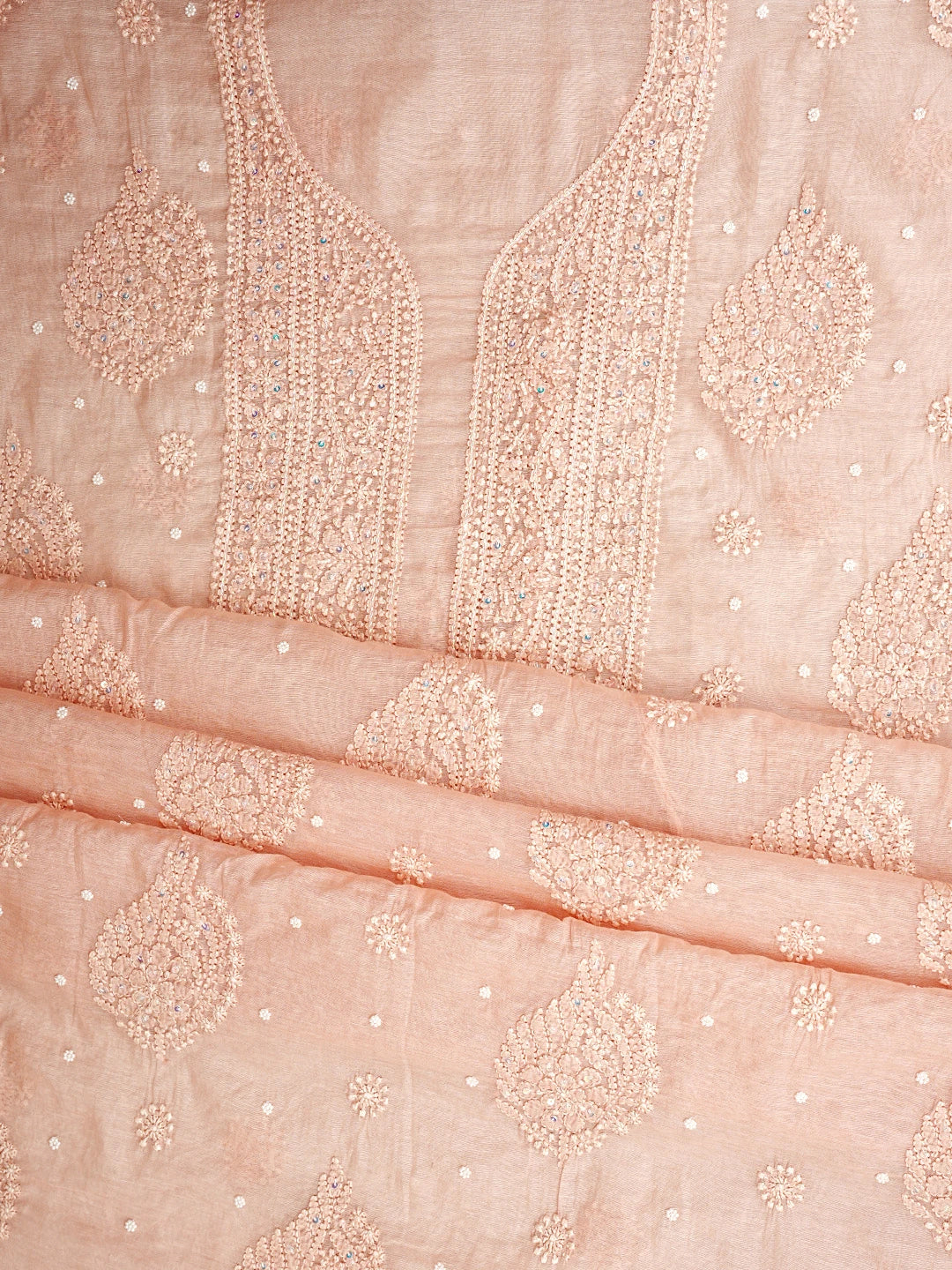 Ada Hand Embroidered Tropical Peach Chanderi Lucknowi Chikankari Unstitched Suit Piece With Pearl Work 01A937480