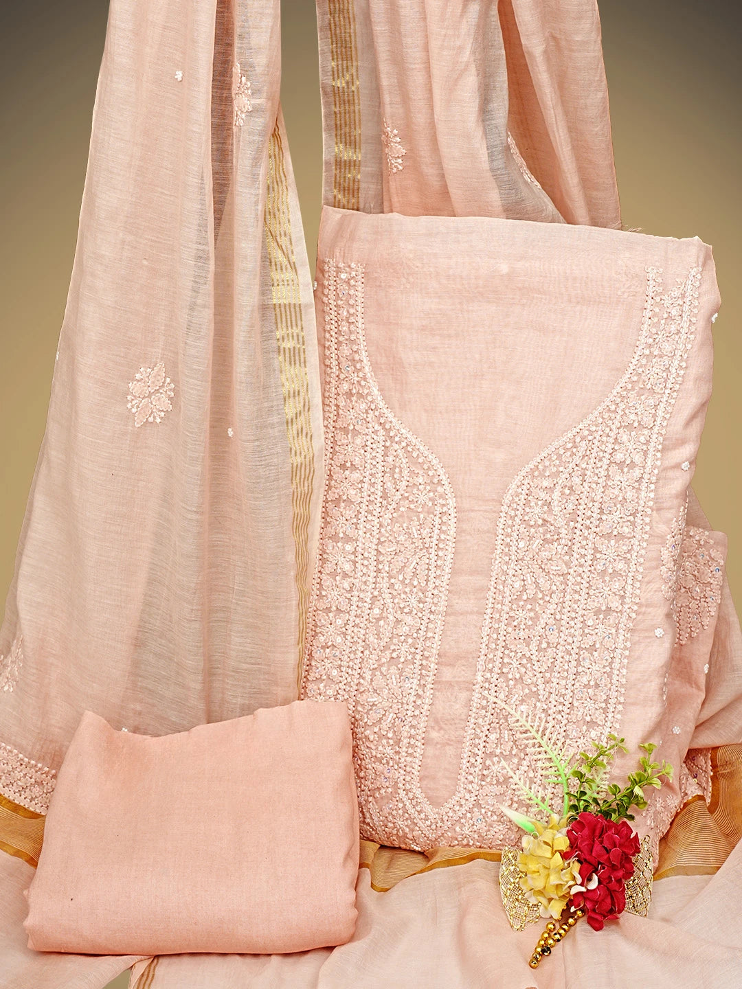 Ada Hand Embroidered Tropical Peach Chanderi Lucknowi Chikankari Unstitched Suit Piece With Pearl Work 01A937480