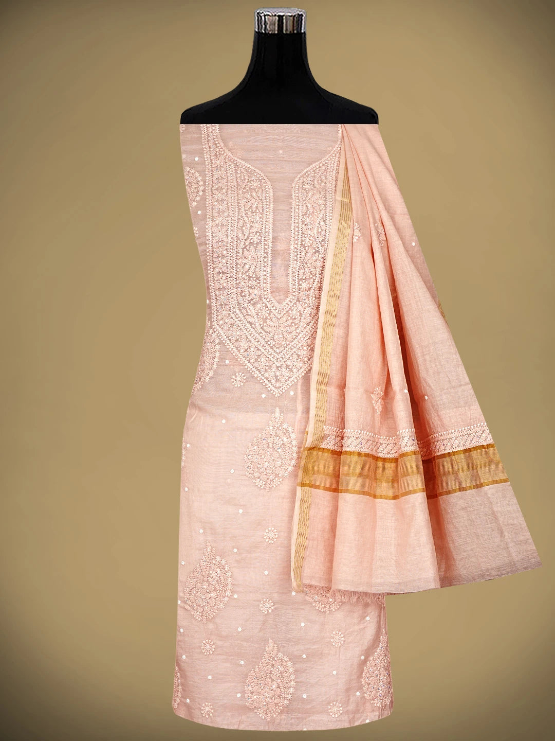 Ada Hand Embroidered Tropical Peach Chanderi Lucknowi Chikankari Unstitched Suit Piece With Pearl Work 01A937480