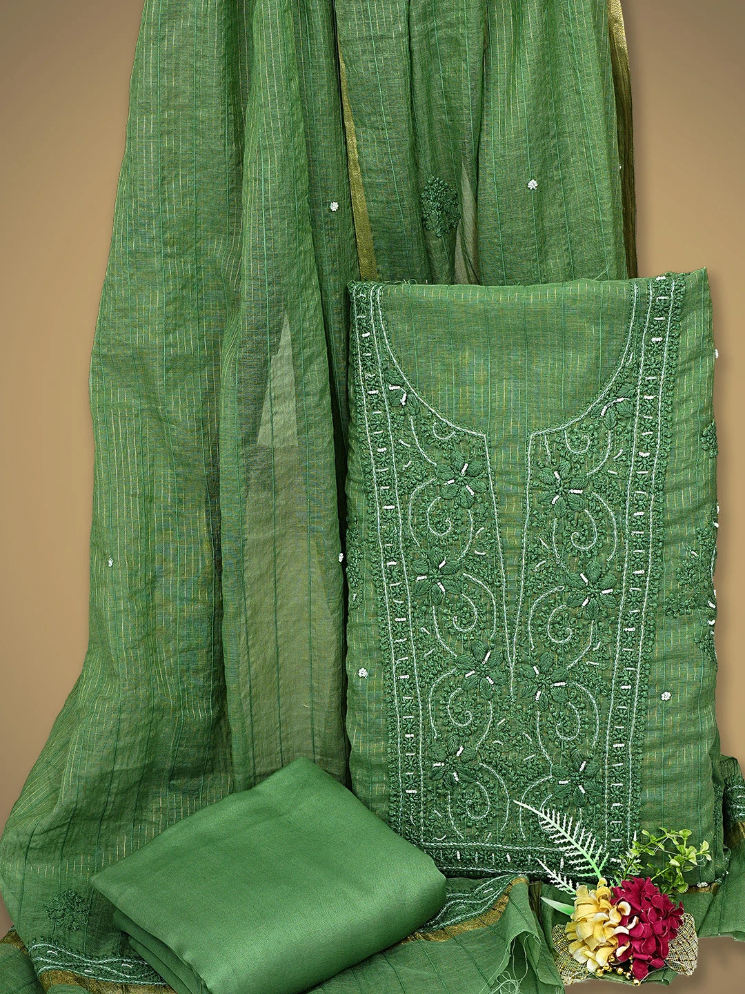Ada Hand Embroidered Fern Green Chanderi Lucknowi Chikankari Unstitched Suit Piece With Pearl Work 01A938017