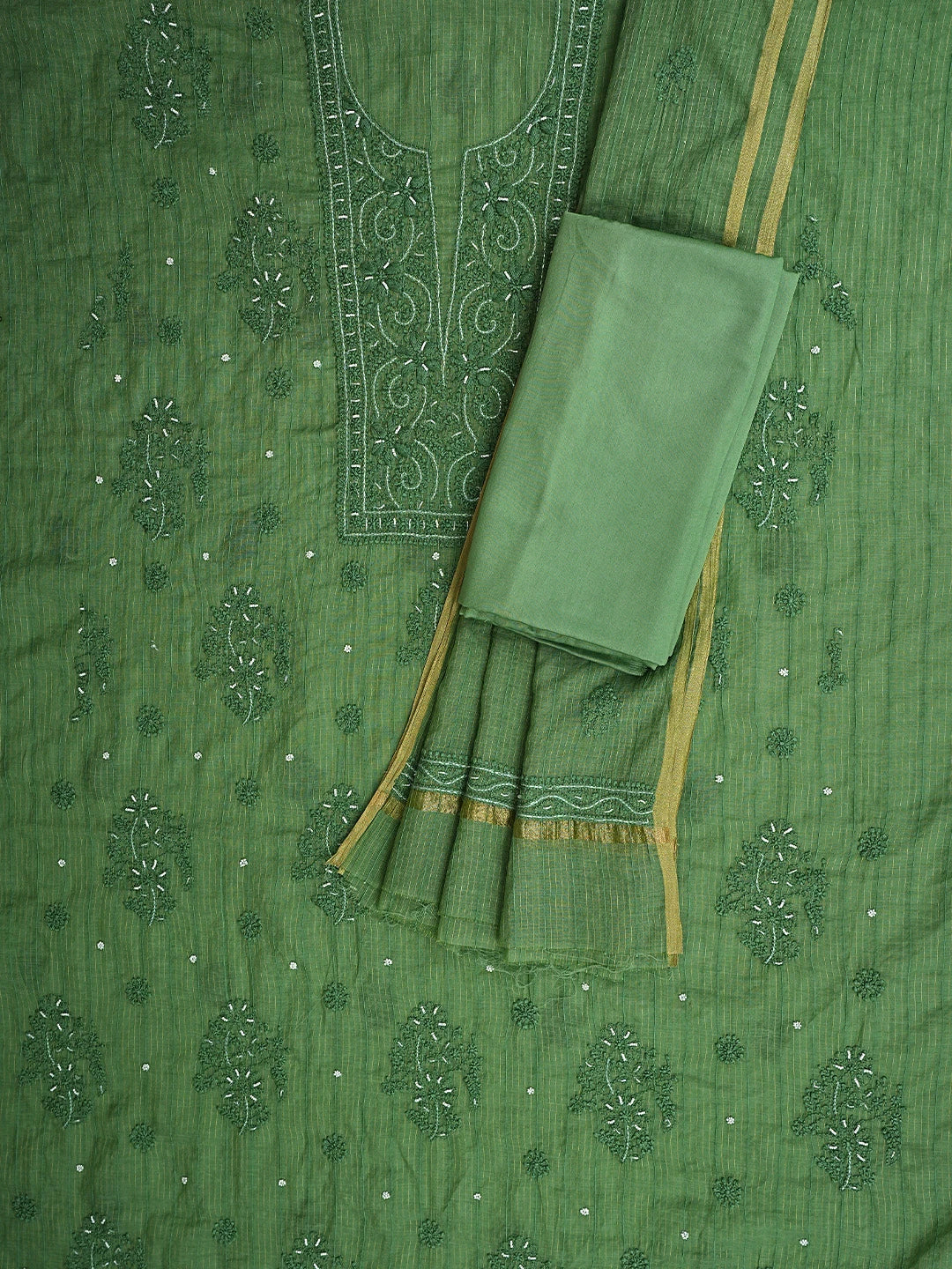 Ada Hand Embroidered Fern Green Chanderi Lucknowi Chikankari Unstitched Suit Piece With Pearl Work 01A938017