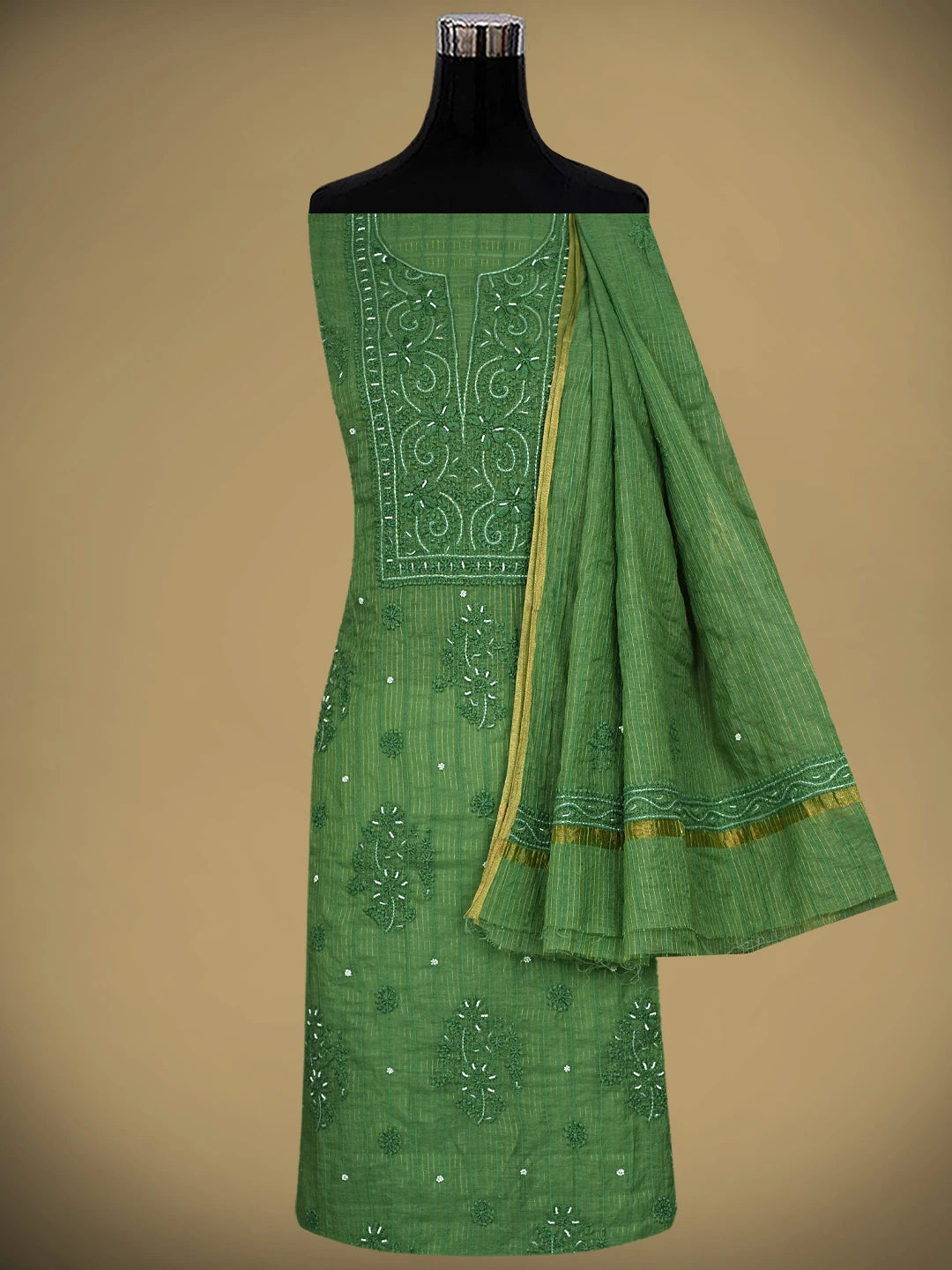 Ada Hand Embroidered Fern Green Chanderi Lucknowi Chikankari Unstitched Suit Piece With Pearl Work 01A938017